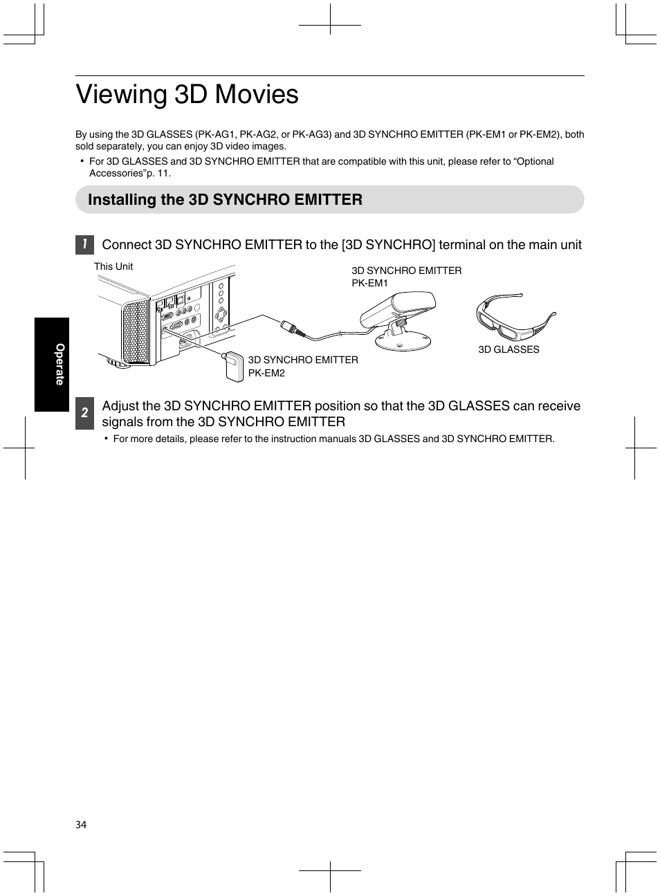 Viewing 3d movies, Installing the 3d synchro emitter, P. 34) | JVC DLA-X95R User Manual | Page 34 / 260