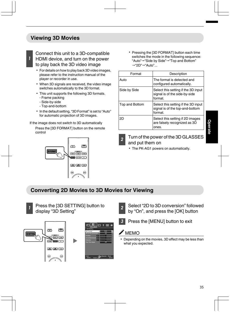 Viewing 3d movies, Converting 2d movies to 3d movies for viewing, P. 35) | JVC DLA-X95R User Manual | Page 35 / 260