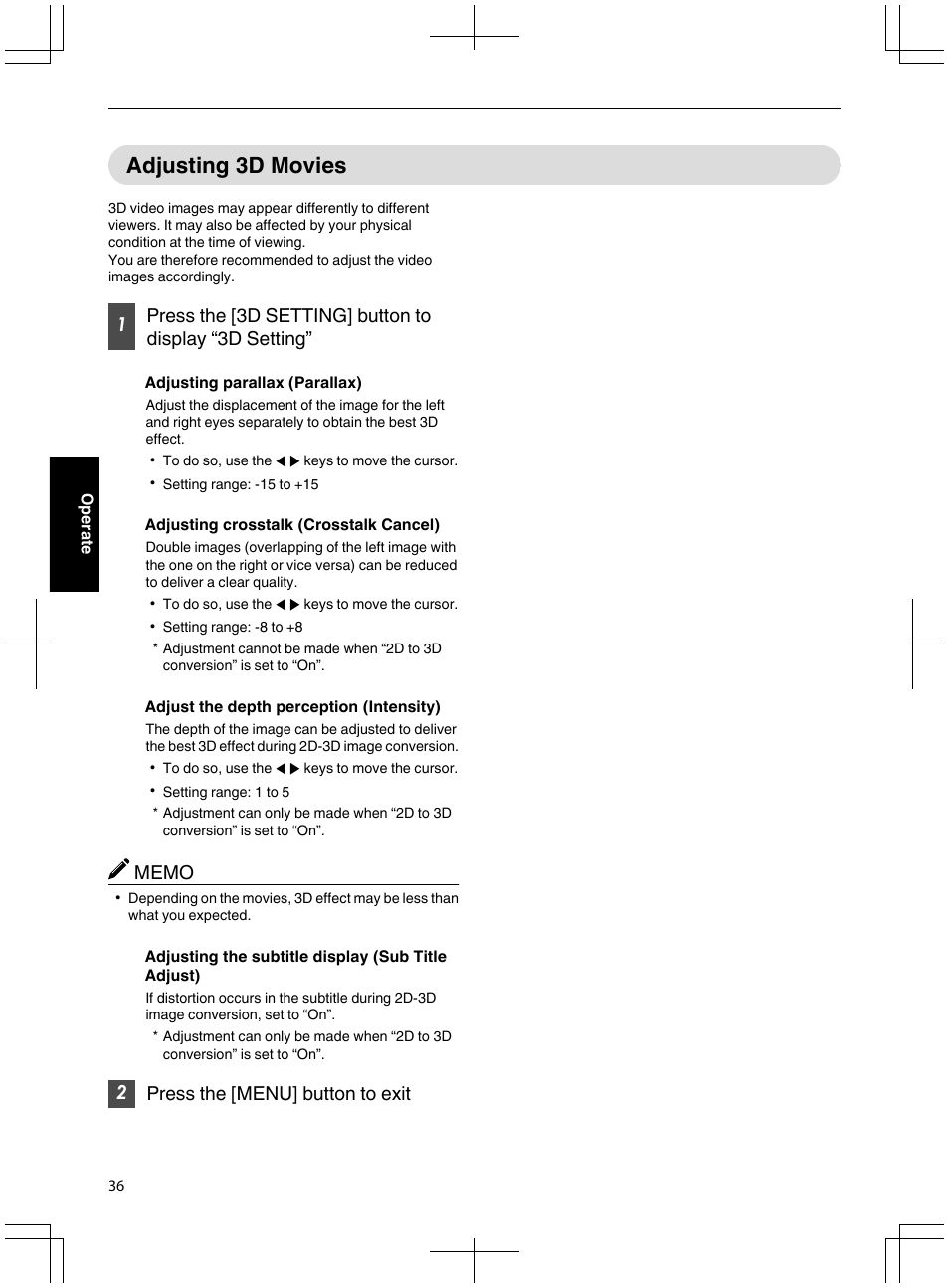 Adjusting 3d movies, 2press the [menu] button to exit | JVC DLA-X95R User Manual | Page 36 / 260