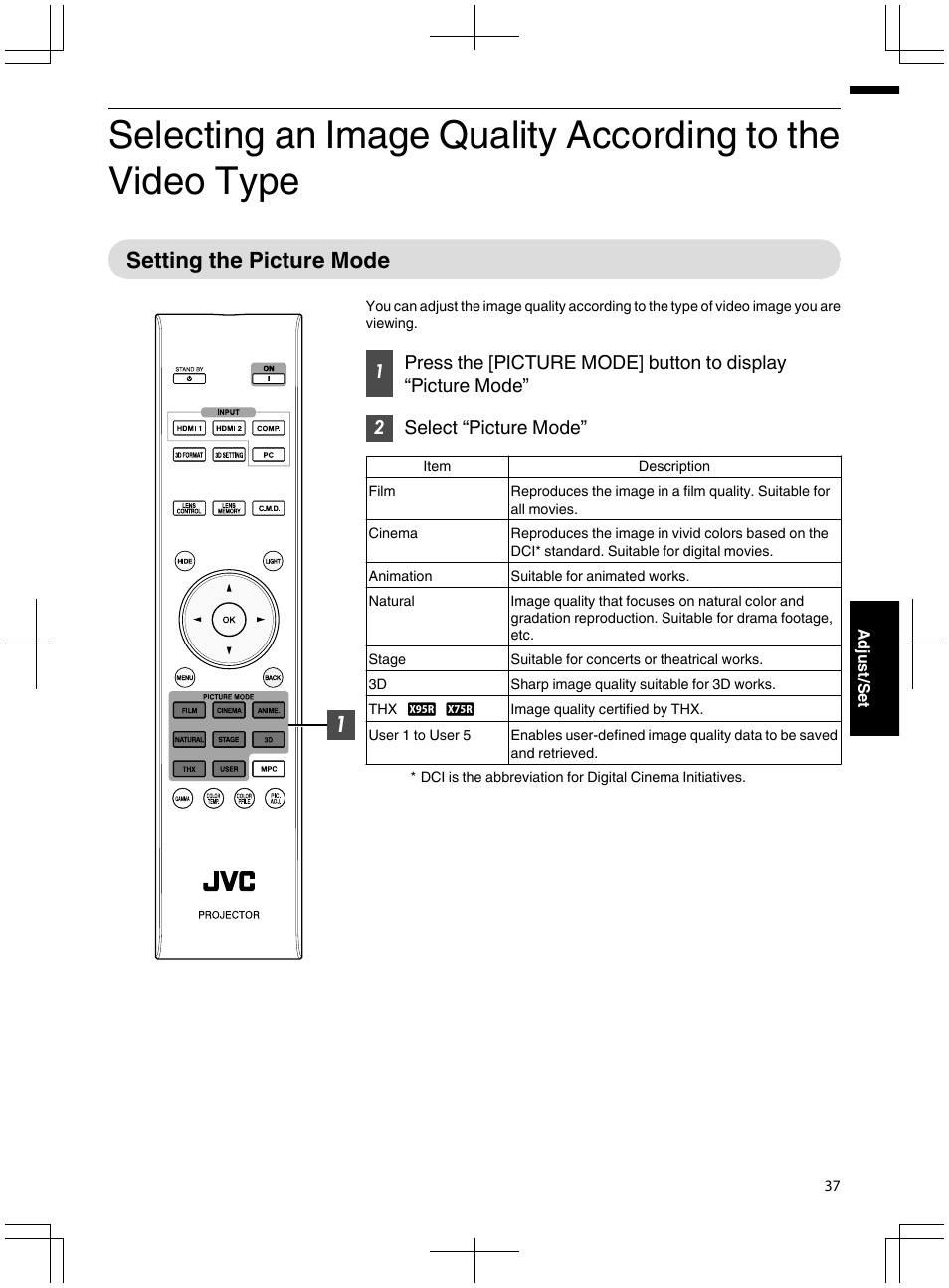 Adjust/set, Setting the picture mode, Selecting an image quality according to the video | Type, Quality. (p. 37), P. 37) | JVC DLA-X95R User Manual | Page 37 / 260