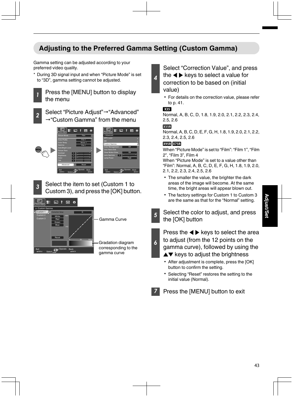 Adjusting to the preferred gamma setting (custom, Gamma), 7press the [menu] button to exit | 43 adjust/set | JVC DLA-X95R User Manual | Page 43 / 260