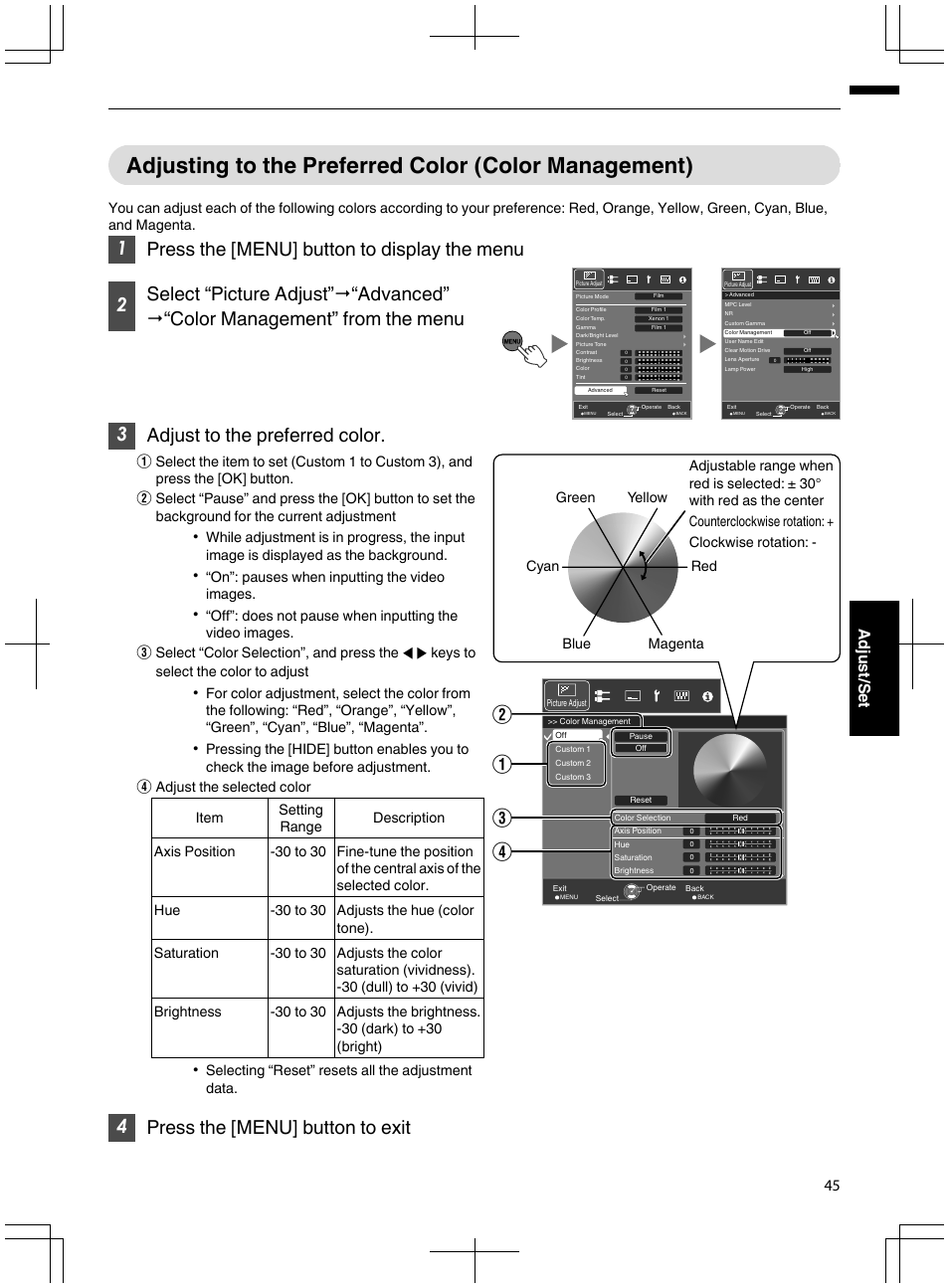 Adjusting to the preferred color (color, Management), 4press the [menu] button to exit | Ac d b, 45 adjust/set, On”: pauses when inputting the video images, Selecting “reset” resets all the adjustment data | JVC DLA-X95R User Manual | Page 45 / 260