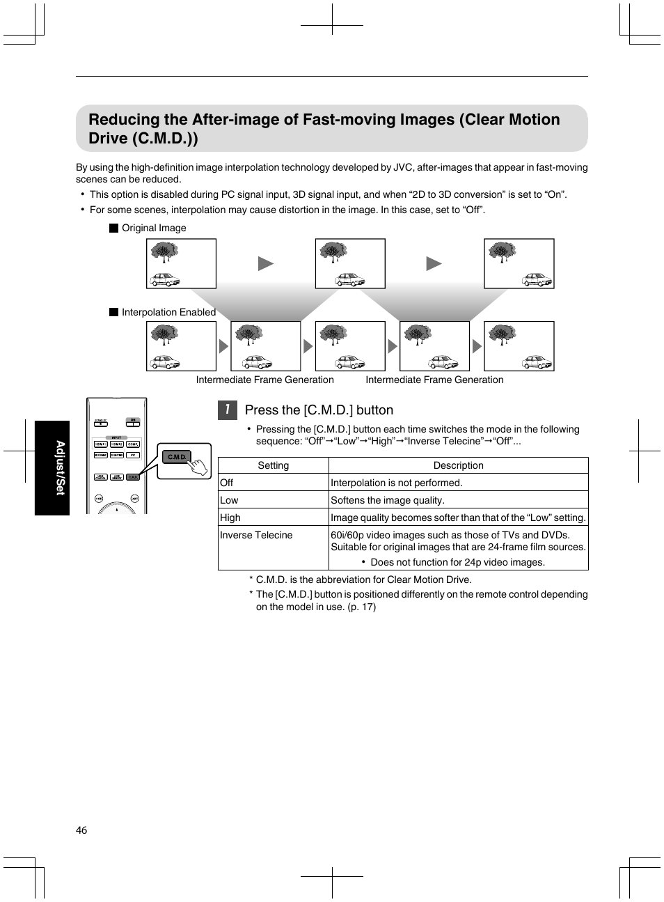 Reducing the after-image of fast-moving images, Clear motion drive (c.m.d.)), P. 46) | 1press the [c.m.d.] button | JVC DLA-X95R User Manual | Page 46 / 260