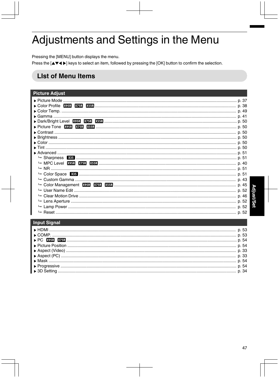 Adjustments and settings in the menu, List of menu items | JVC DLA-X95R User Manual | Page 47 / 260