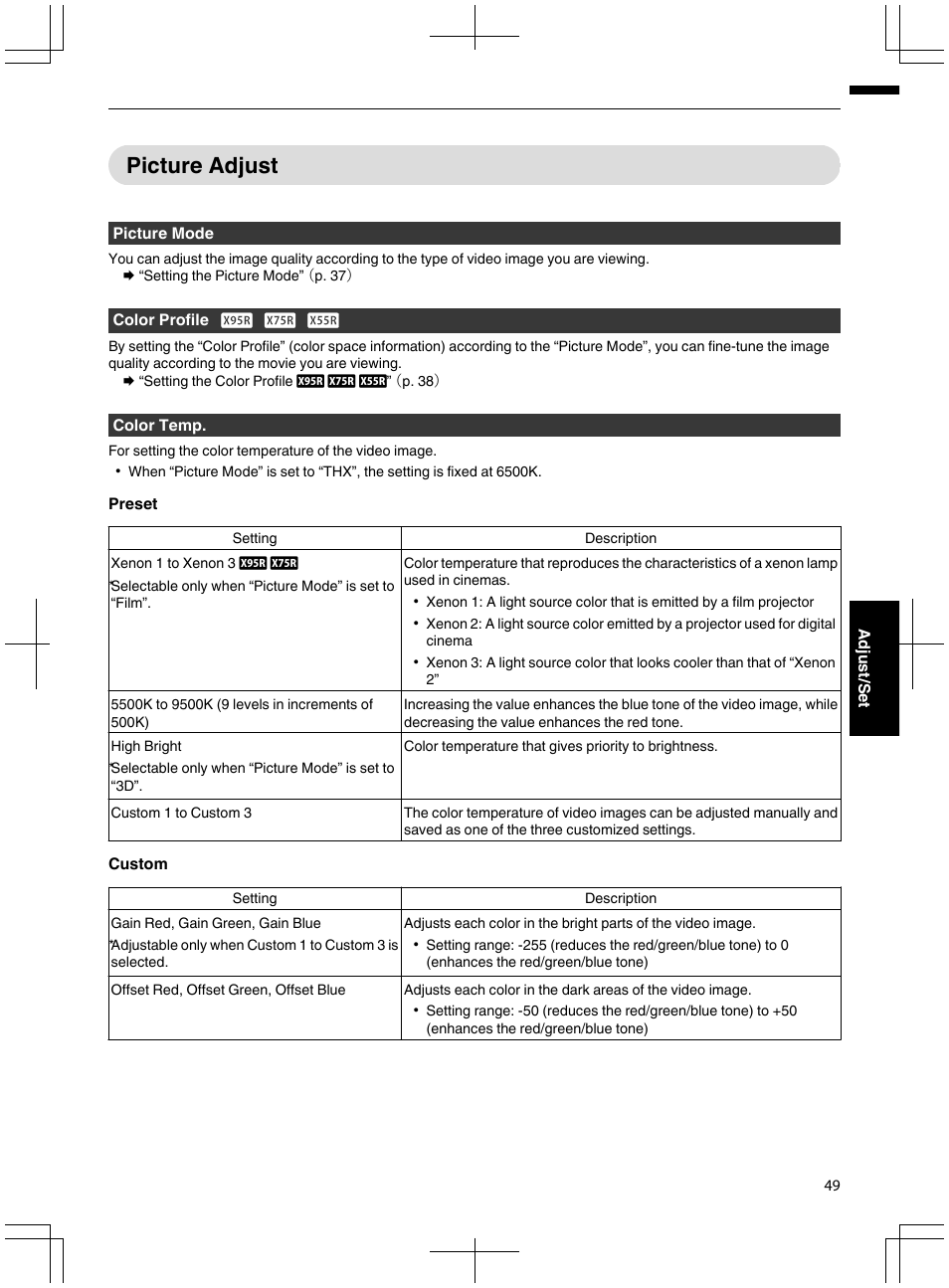 Picture adjust, P. 49 | JVC DLA-X95R User Manual | Page 49 / 260