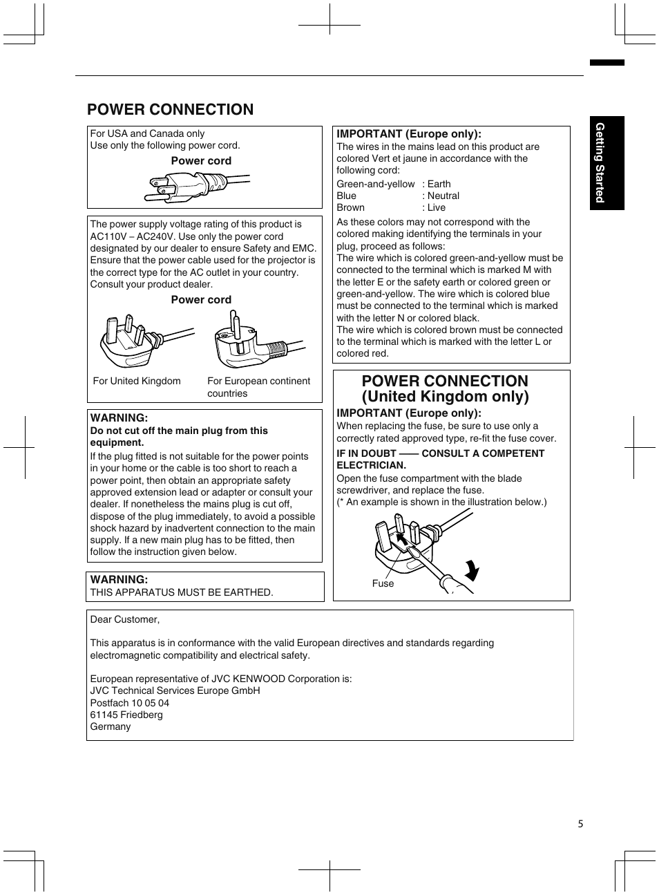 Power connection, Power connection (united kingdom only) | JVC DLA-X95R User Manual | Page 5 / 260