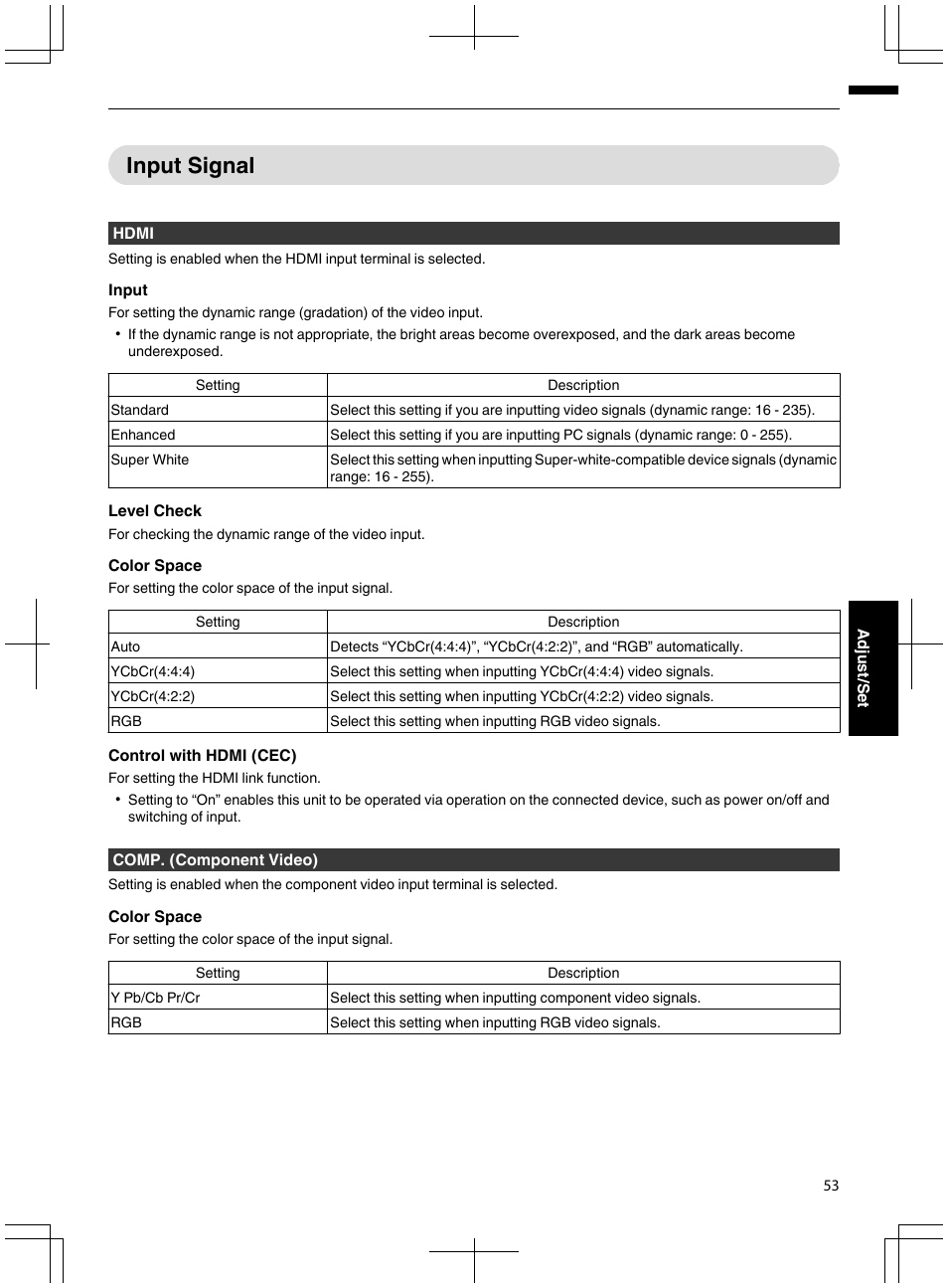 Input signal, P. 53), P. 53 | JVC DLA-X95R User Manual | Page 53 / 260