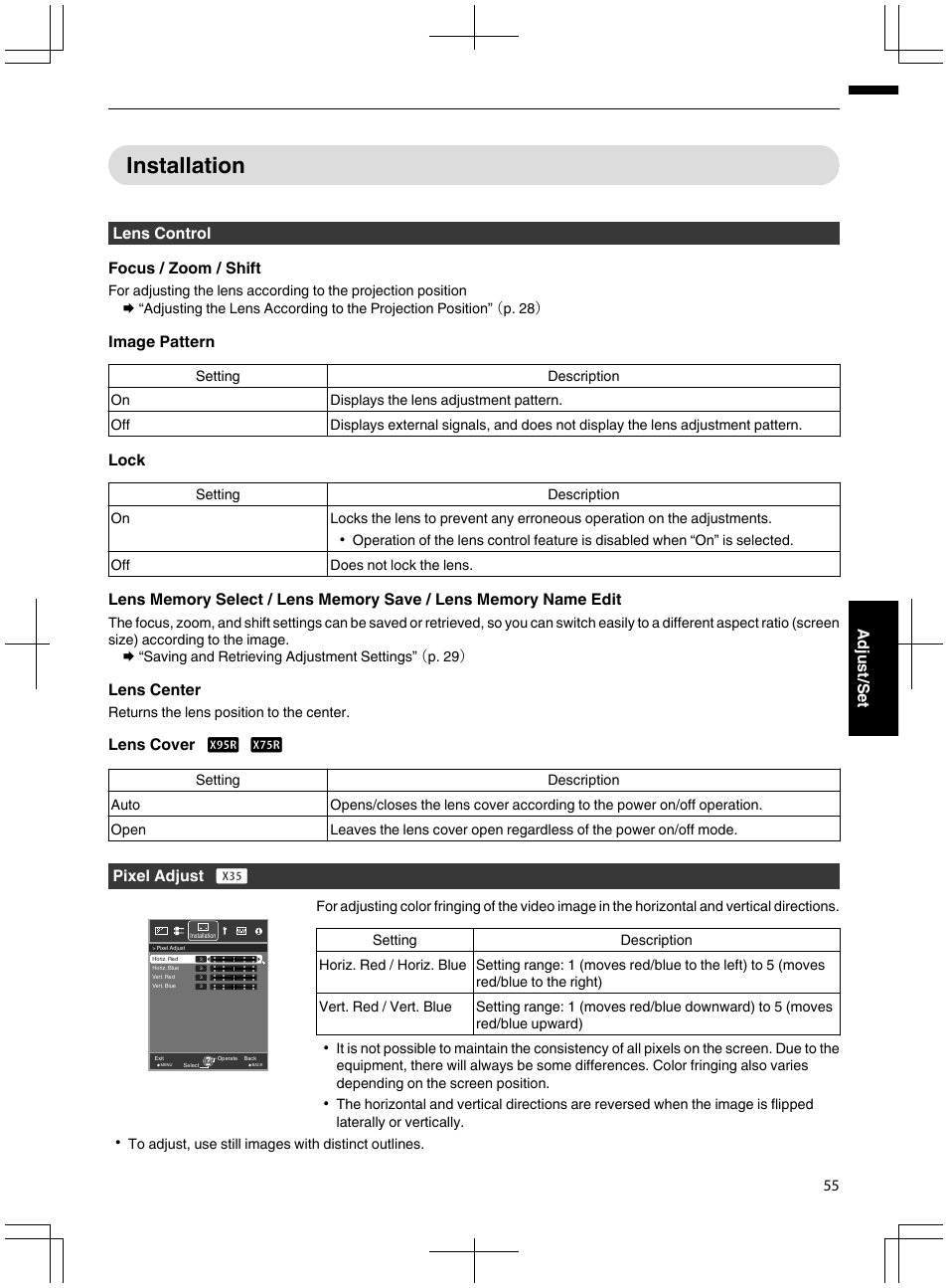 Installation, P. 55, Lens control focus / zoom / shift | Image pattern, Lock, Lens center, Lens cover d c, Pixel adjust a, 55 adjust/set | JVC DLA-X95R User Manual | Page 55 / 260