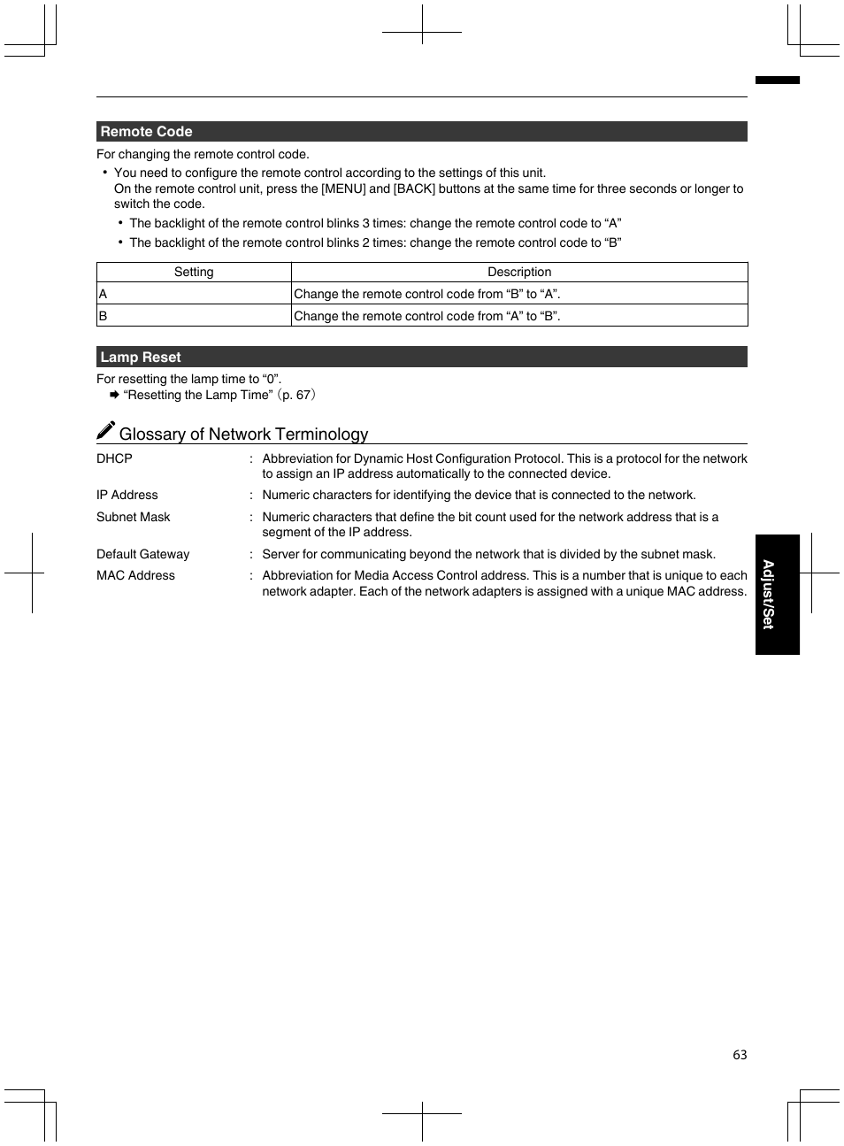 P. 63, Glossary of network terminology | JVC DLA-X95R User Manual | Page 63 / 260