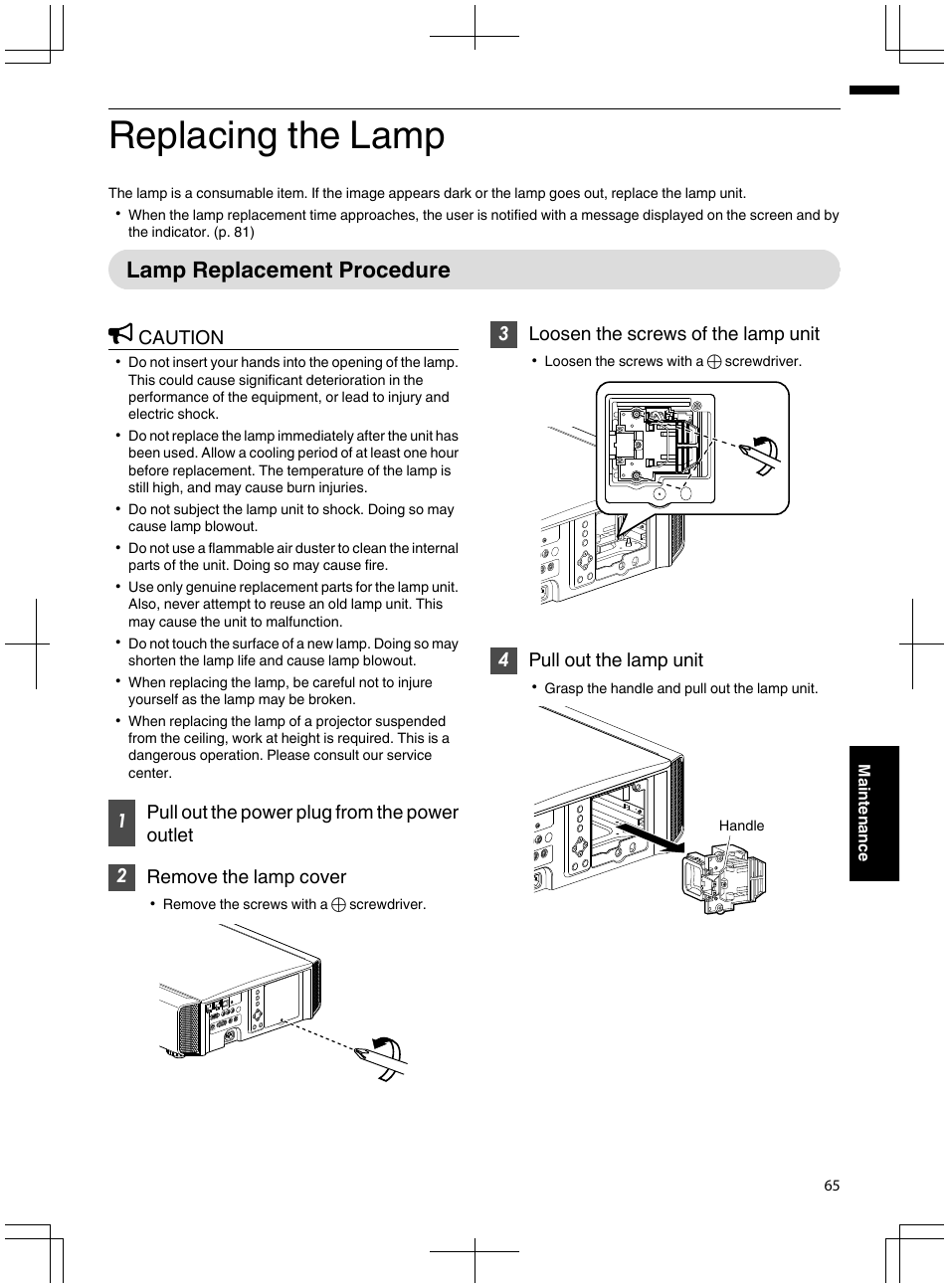 Maintenance, Replacing the lamp, Lamp replacement procedure | Caution, 3loosen the screws of the lamp unit, 4pull out the lamp unit | JVC DLA-X95R User Manual | Page 65 / 260