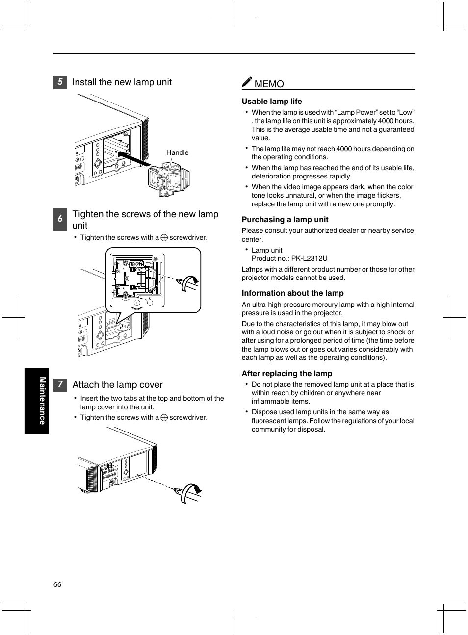 5install the new lamp unit, 6tighten the screws of the new lamp unit, 7attach the lamp cover | JVC DLA-X95R User Manual | Page 66 / 260