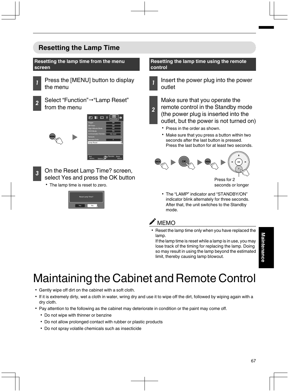 Resetting the lamp time, Maintaining the cabinet and remote control, P. 67 | JVC DLA-X95R User Manual | Page 67 / 260