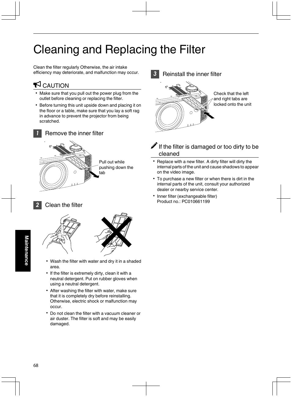 Cleaning and replacing the filter, Caution, 1remove the inner filter | 2clean the filter, 3reinstall the inner filter | JVC DLA-X95R User Manual | Page 68 / 260
