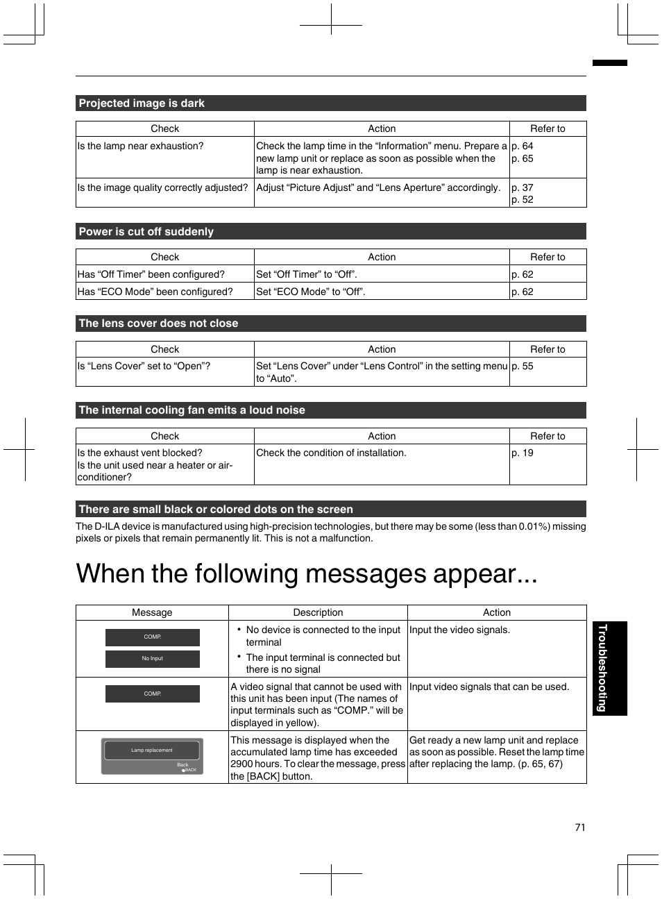 When the following messages appear | JVC DLA-X95R User Manual | Page 71 / 260