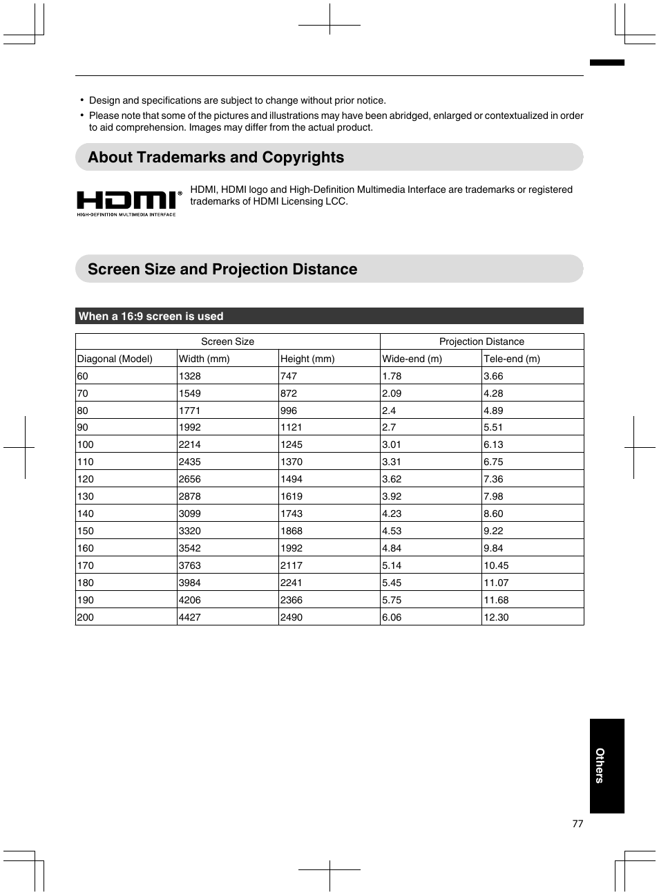 P. 77, About trademarks and copyrights, Screen size and projection distance | JVC DLA-X95R User Manual | Page 77 / 260