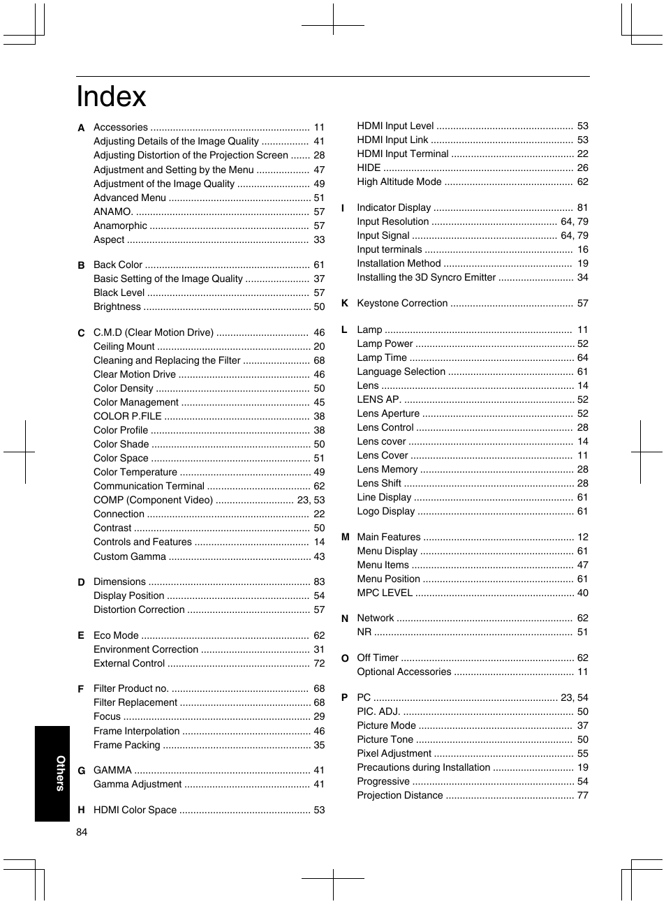 Index | JVC DLA-X95R User Manual | Page 84 / 260