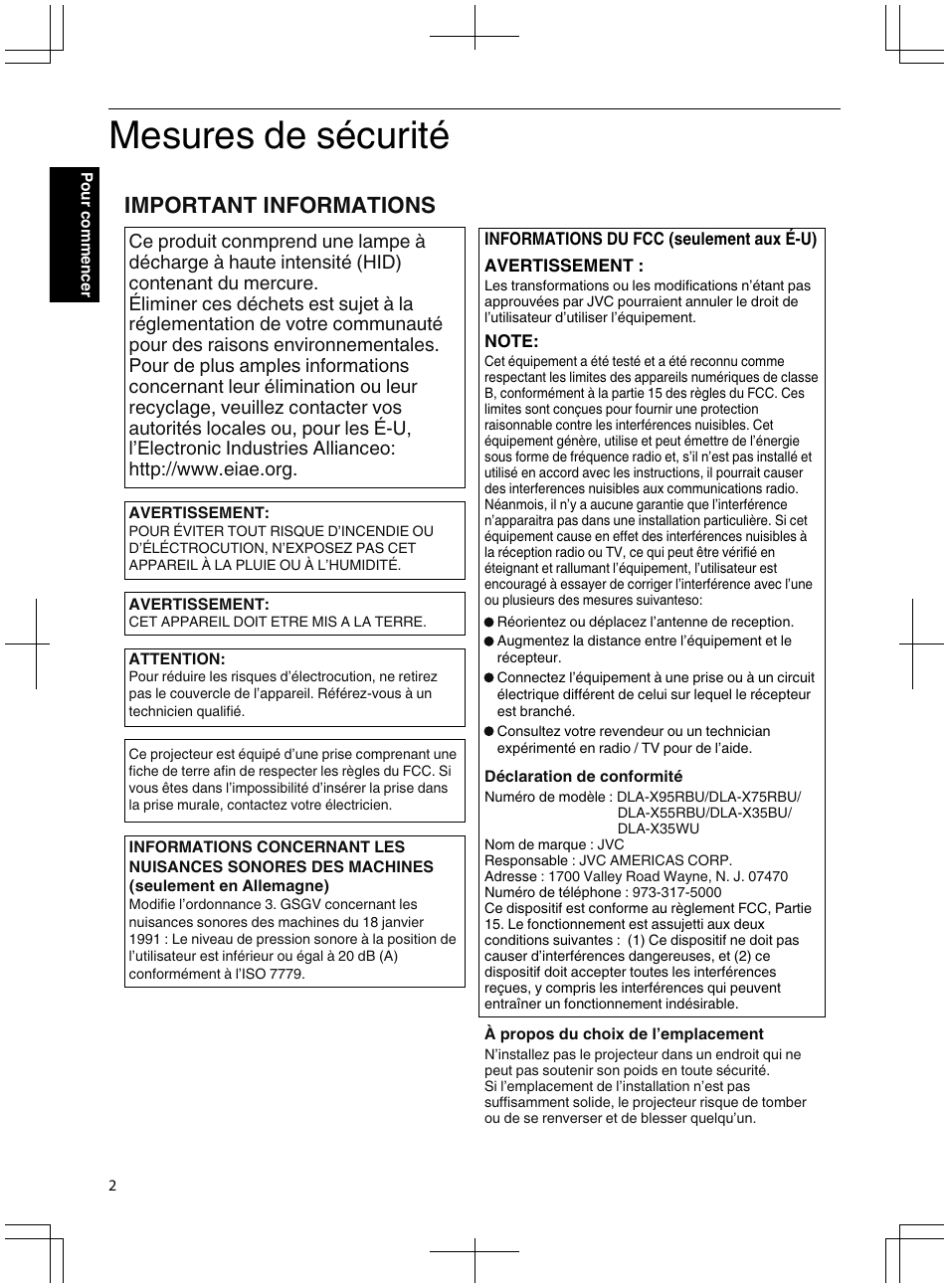 Pour commencer, Mesures de sécurité, Important informations | JVC DLA-X95R User Manual | Page 88 / 260