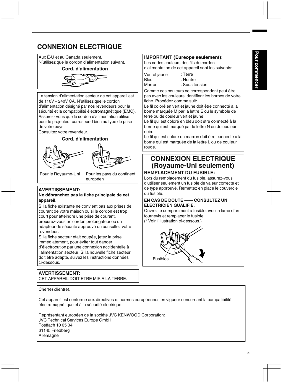 Connexion electrique, Connexion electrique (royaume-uni seulement) | JVC DLA-X95R User Manual | Page 91 / 260