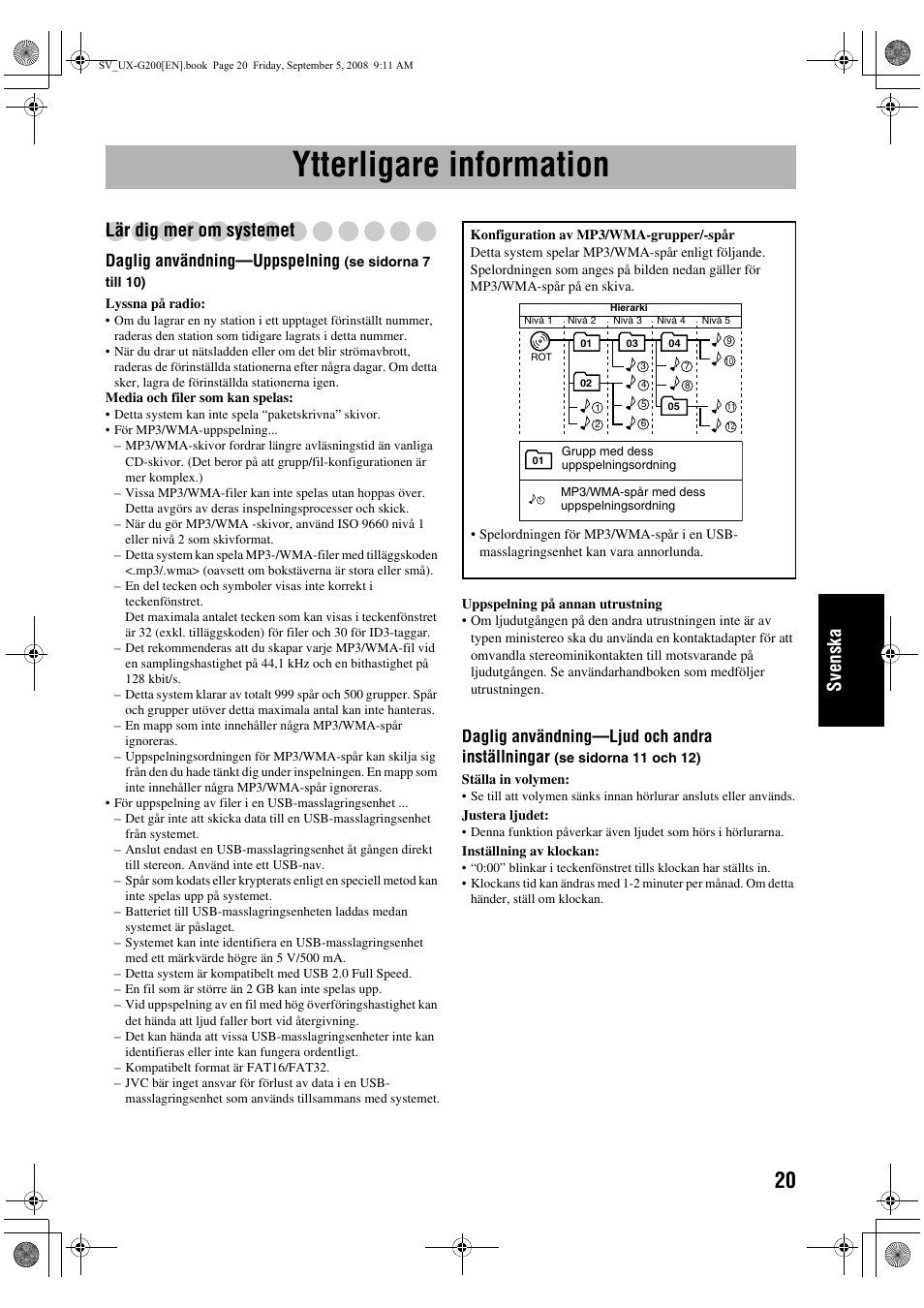 Ytterligare information, Svenska, Lär dig mer om systemet | Daglig användning—uppspelning, Daglig användning—ljud och andra inställningar | JVC UX-G200 User Manual | Page 101 / 155