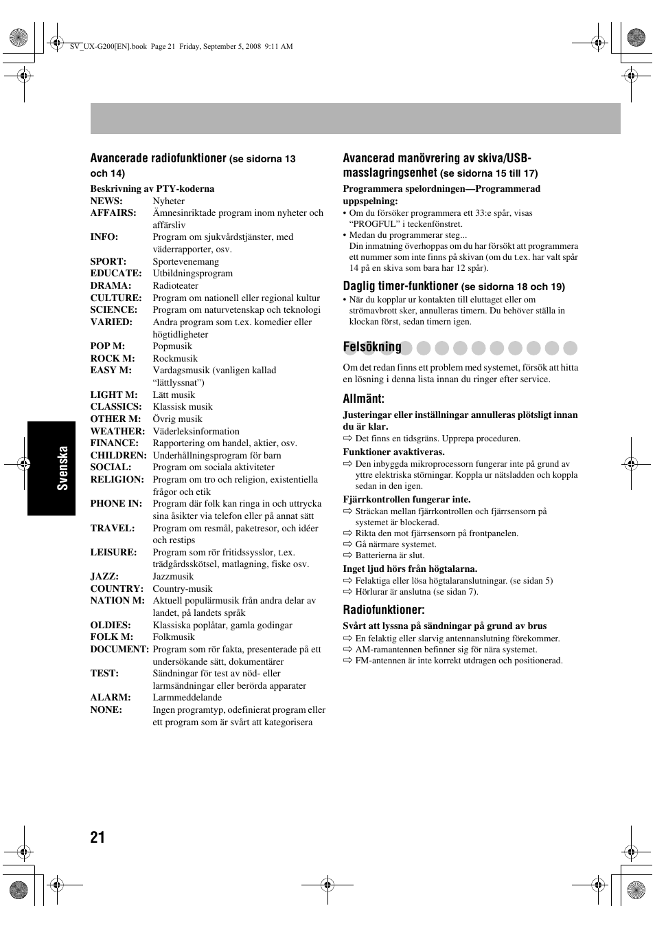 Svenska, Felsökning | JVC UX-G200 User Manual | Page 102 / 155