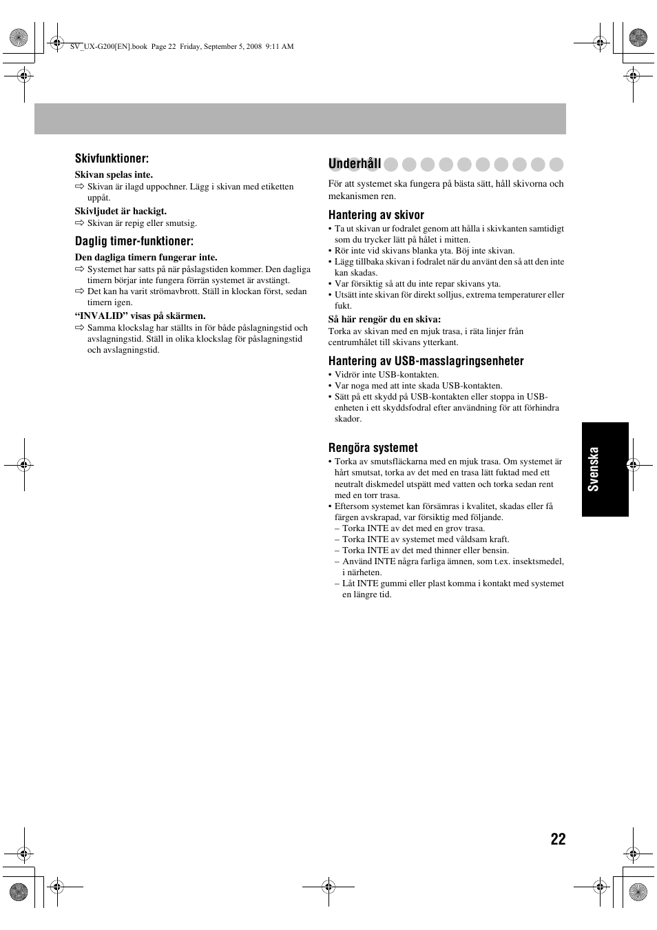 Svenska, Underhåll | JVC UX-G200 User Manual | Page 103 / 155
