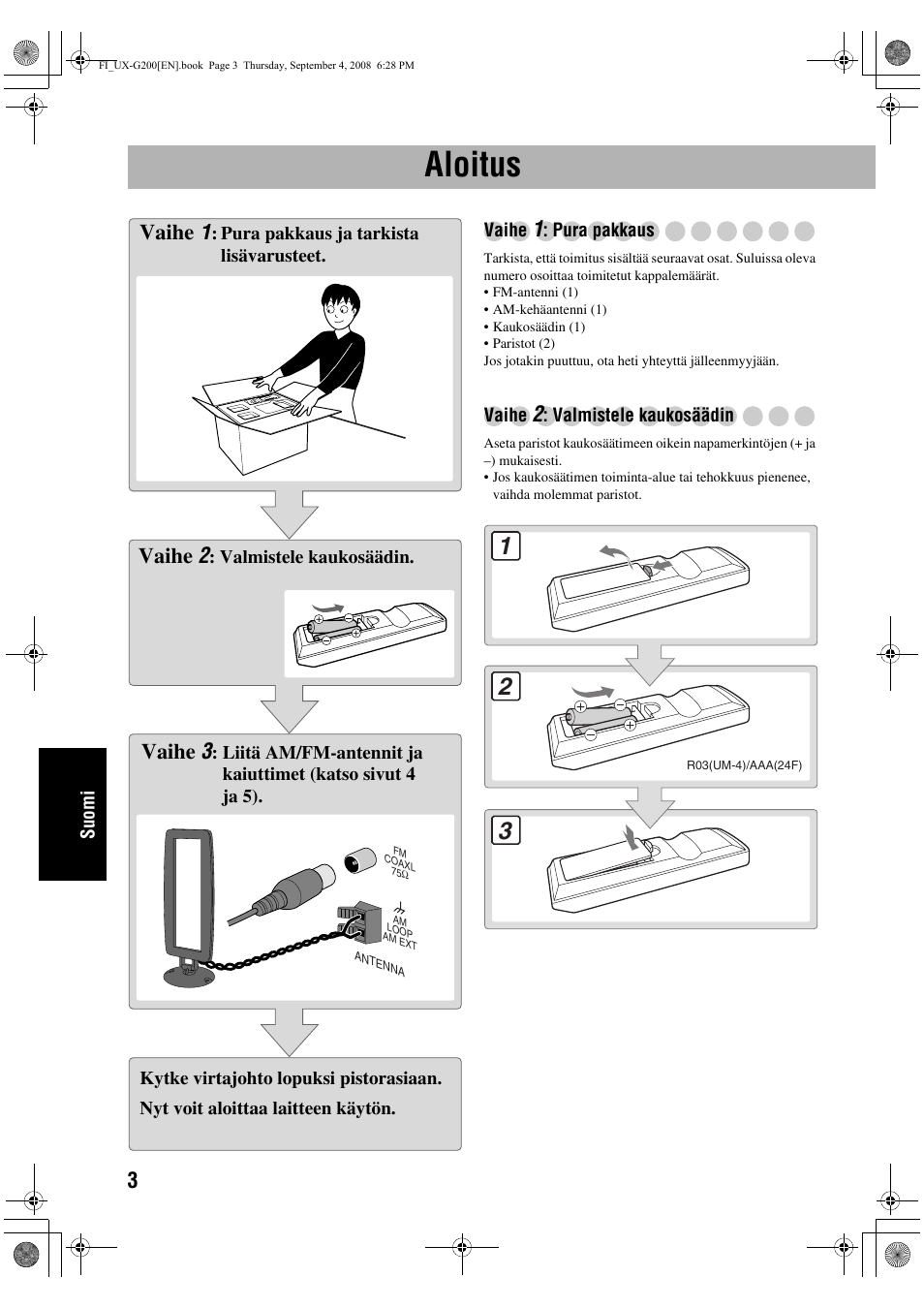 Aloitus, Vaihe 1, Vaihe 2 | Vaihe 3 | JVC UX-G200 User Manual | Page 108 / 155