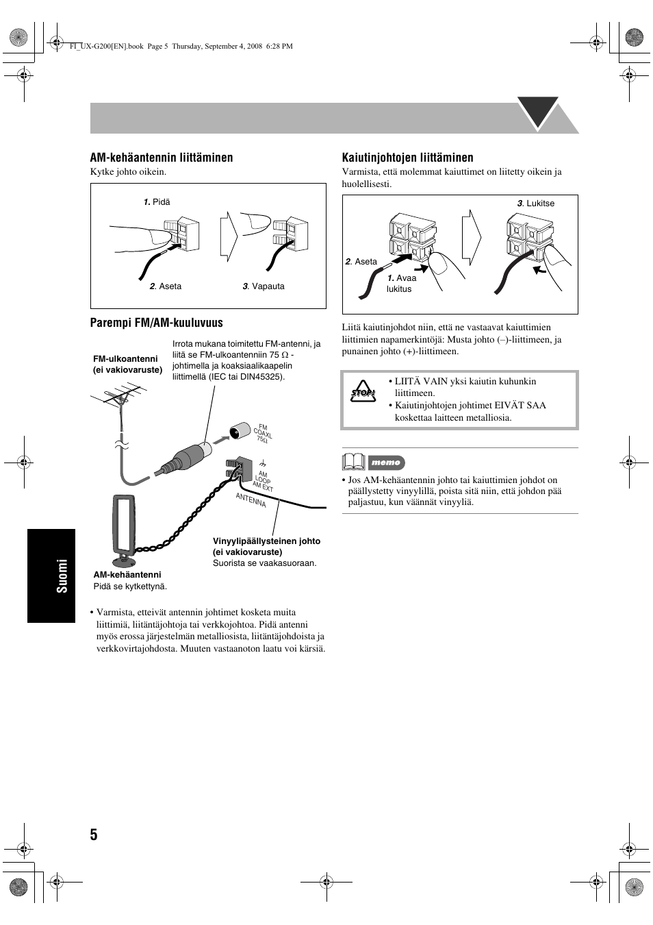 Suomi, Am-kehäantennin liittäminen, Parempi fm/am-kuuluvuus | Kaiutinjohtojen liittäminen | JVC UX-G200 User Manual | Page 110 / 155