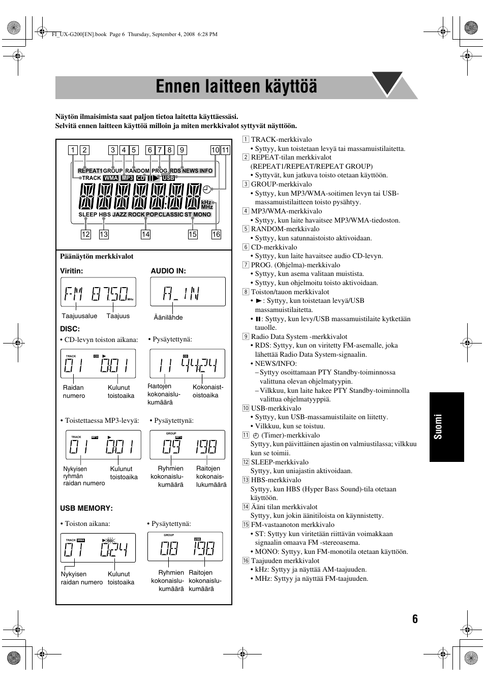 Ennen laitteen käyttöä, Suomi | JVC UX-G200 User Manual | Page 111 / 155