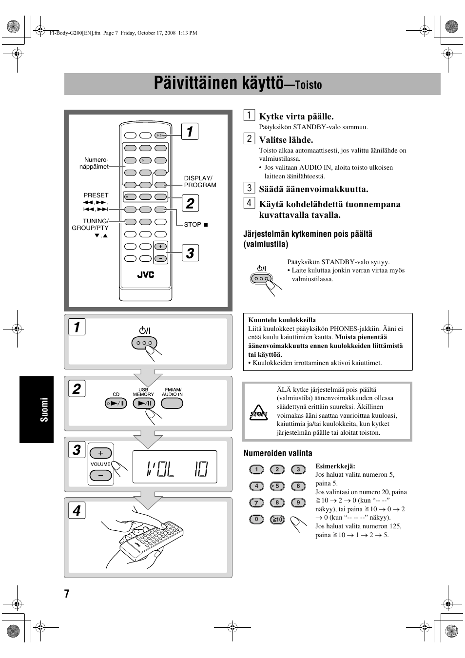 Päivittäinen käyttö, Toisto, Suomi | Kytke virta päälle, Valitse lähde, Säädä äänenvoimakkuutta | JVC UX-G200 User Manual | Page 112 / 155