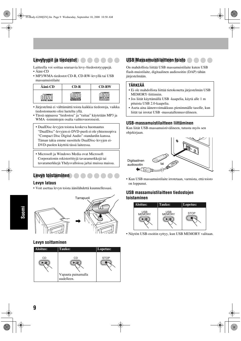 Suomi levytyypit ja tiedostot, Levyn toistaminen, Usb massamuistilaitteen toisto | JVC UX-G200 User Manual | Page 114 / 155