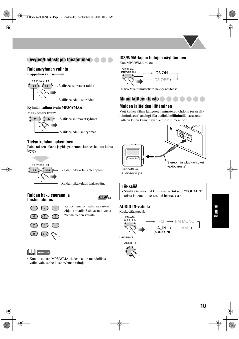 Suomi levyjen/tiedostojen toistaminen, Muun laitteen toisto | JVC UX-G200 User Manual | Page 115 / 155