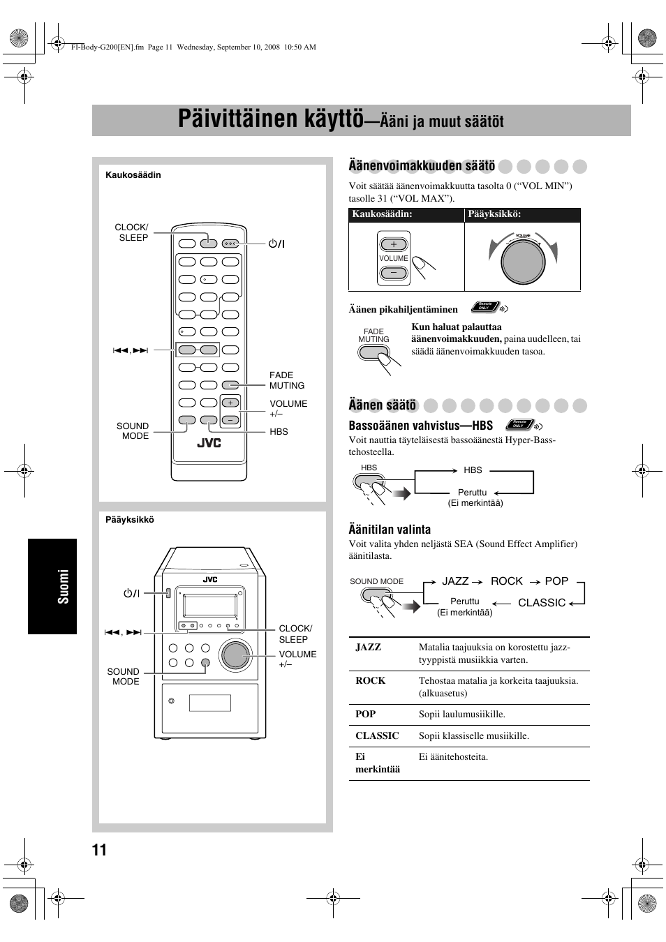Päivittäinen käyttö, Ääni ja muut säätöt, Suomi | Äänenvoimakkuuden säätö, Äänen säätö | JVC UX-G200 User Manual | Page 116 / 155