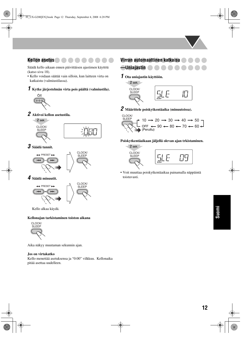 Suomi kellon asetus, Virran automaattinen katkaisu —uniajastin | JVC UX-G200 User Manual | Page 117 / 155
