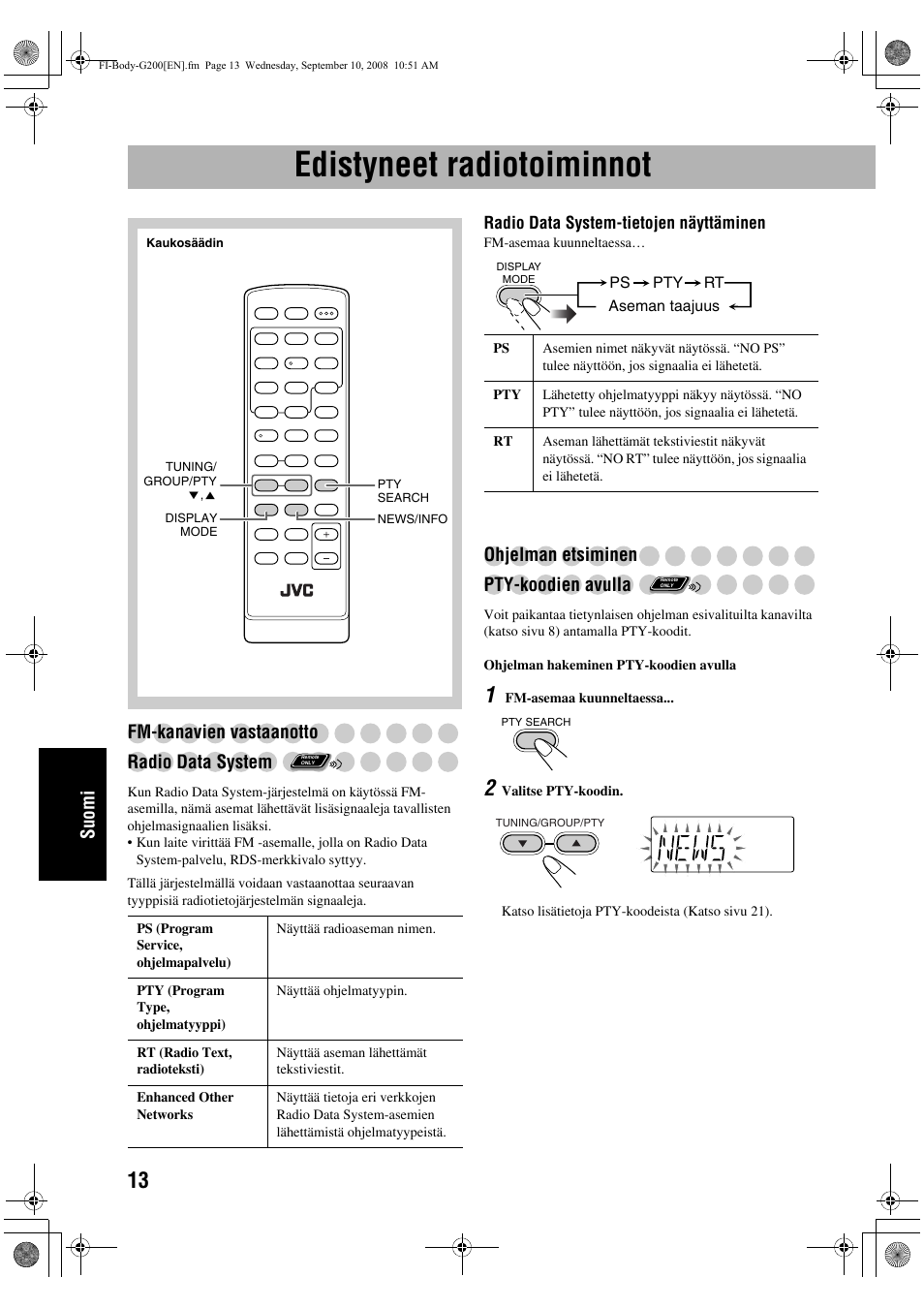 Edistyneet radiotoiminnot, Suomi, Fm-kanavien vastaanotto radio data system | Ohjelman etsiminen pty-koodien avulla | JVC UX-G200 User Manual | Page 118 / 155