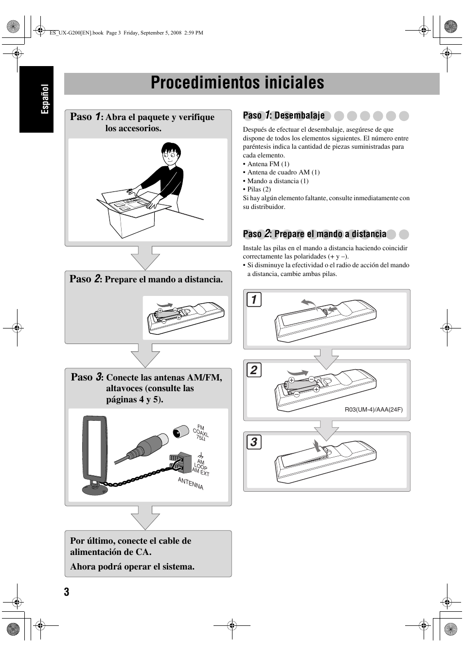Procedimientos iniciales, Paso 1, Paso 2 | Paso 3 | JVC UX-G200 User Manual | Page 12 / 155