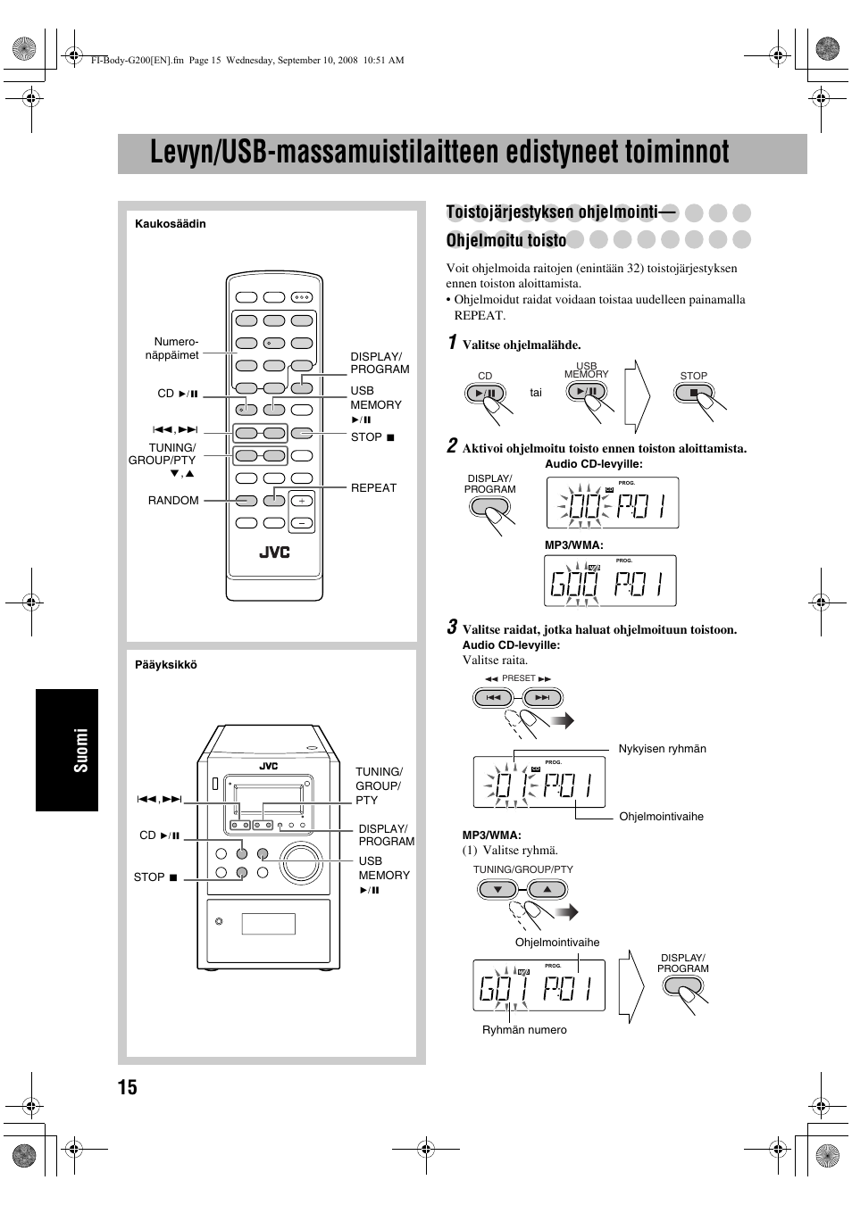 Levyn/usb-massamuistilaitteen edistyneet toiminnot, Suomi, Toistojärjestyksen ohjelmointi— ohjelmoitu toisto | JVC UX-G200 User Manual | Page 120 / 155