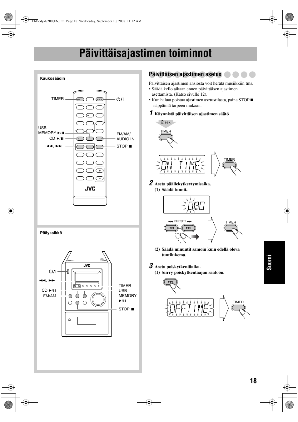 Päivittäisajastimen toiminnot, Suomi, Päivittäisen ajastimen asetus | JVC UX-G200 User Manual | Page 123 / 155