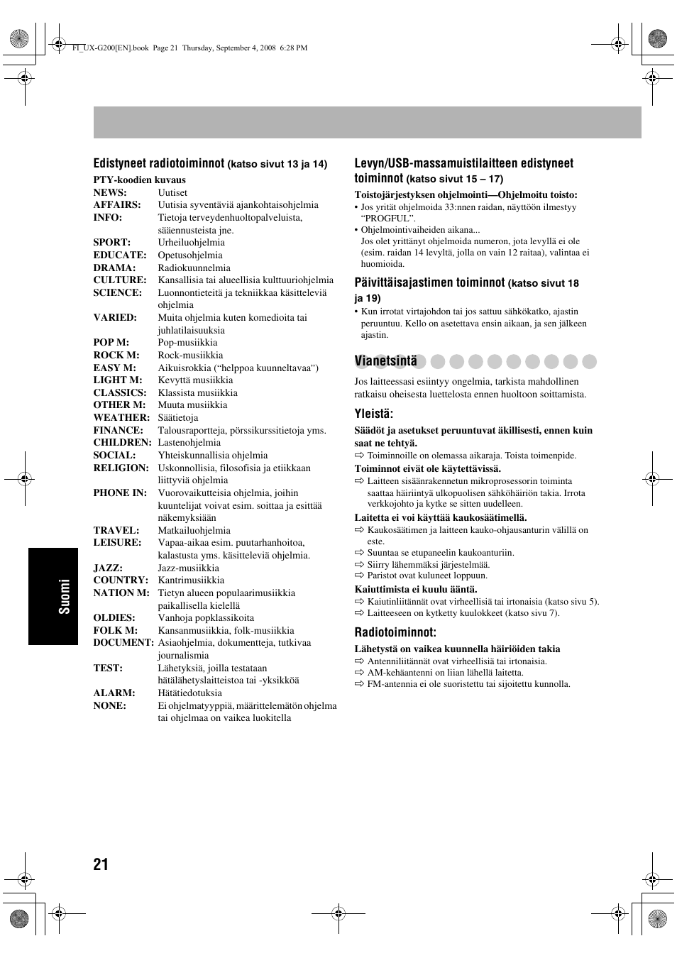 Suomi, Vianetsintä | JVC UX-G200 User Manual | Page 126 / 155