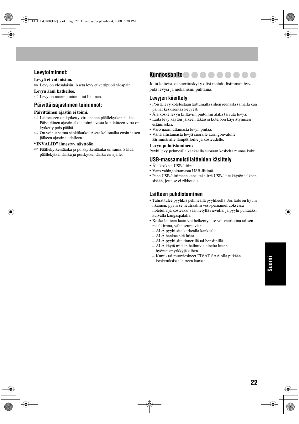 Suomi, Kunnossapito | JVC UX-G200 User Manual | Page 127 / 155