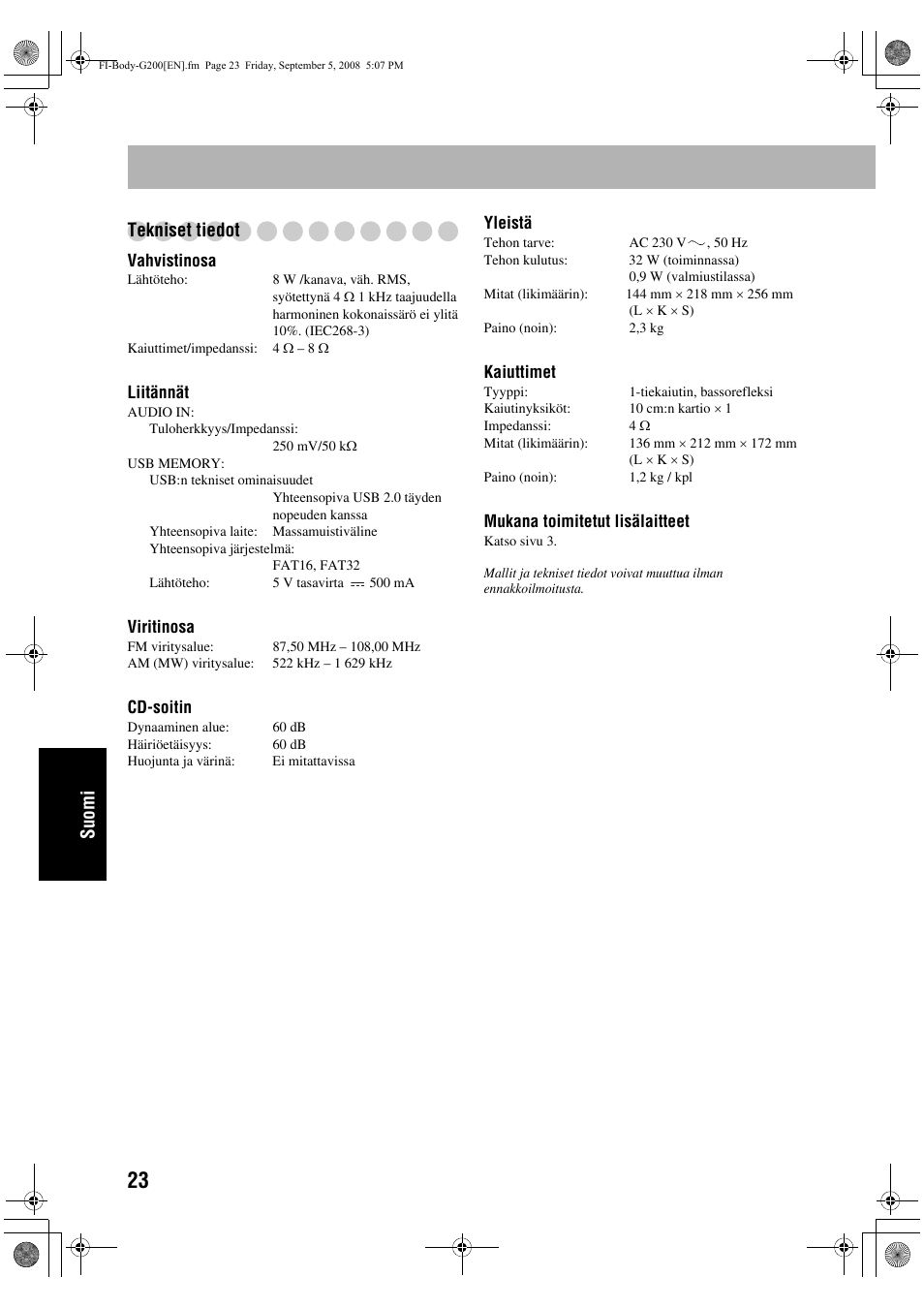 Suomi tekniset tiedot | JVC UX-G200 User Manual | Page 128 / 155