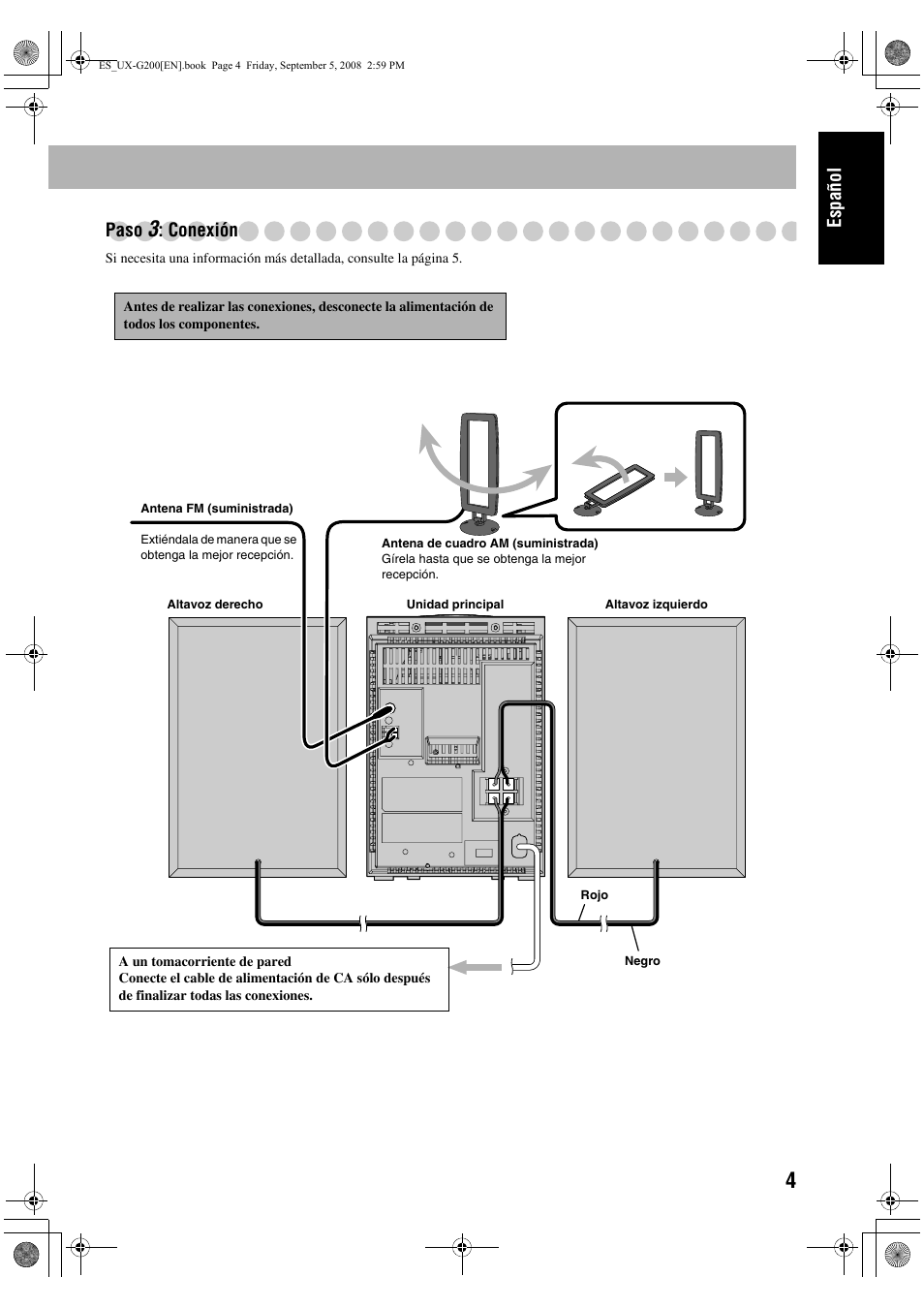 Español paso, Conexión | JVC UX-G200 User Manual | Page 13 / 155