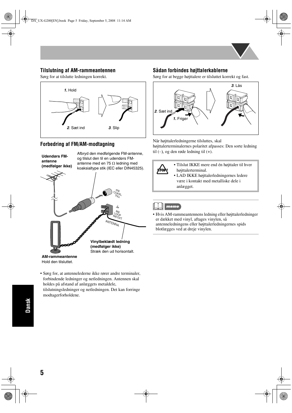 Dansk, Tilslutning af am-rammeantennen, Forbedring af fm/am-modtagning | Sådan forbindes højttalerkablerne | JVC UX-G200 User Manual | Page 134 / 155