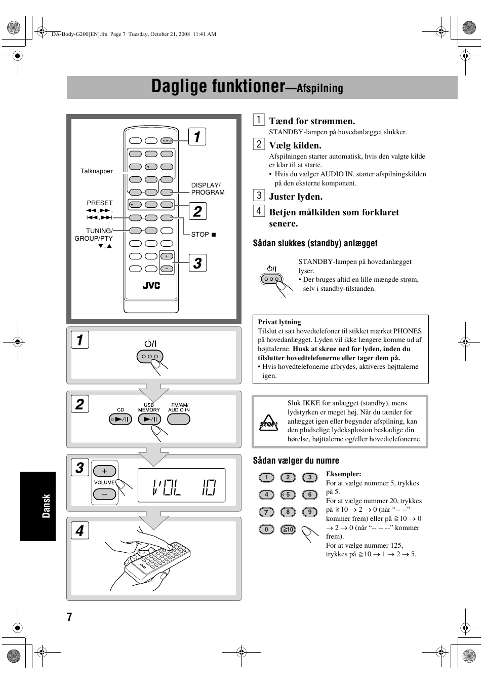 Daglige funktioner, Afspilning, Dansk | Tænd for strømmen, Vælg kilden, Juster lyden, Betjen målkilden som forklaret senere | JVC UX-G200 User Manual | Page 136 / 155
