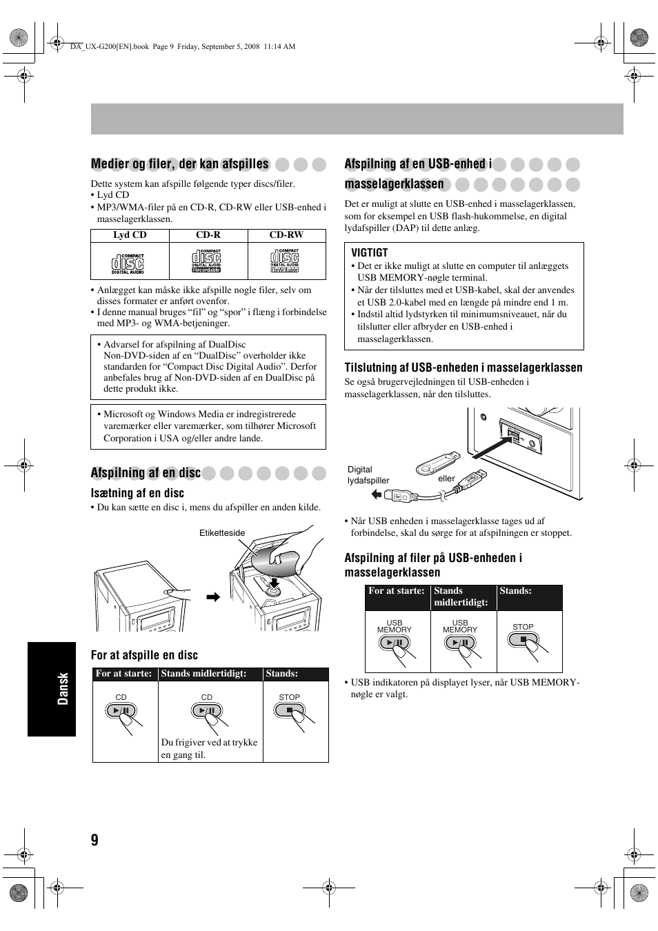 Dansk medier og filer, der kan afspilles, Afspilning af en disc, Afspilning af en usb-enhed i masselagerklassen | JVC UX-G200 User Manual | Page 138 / 155