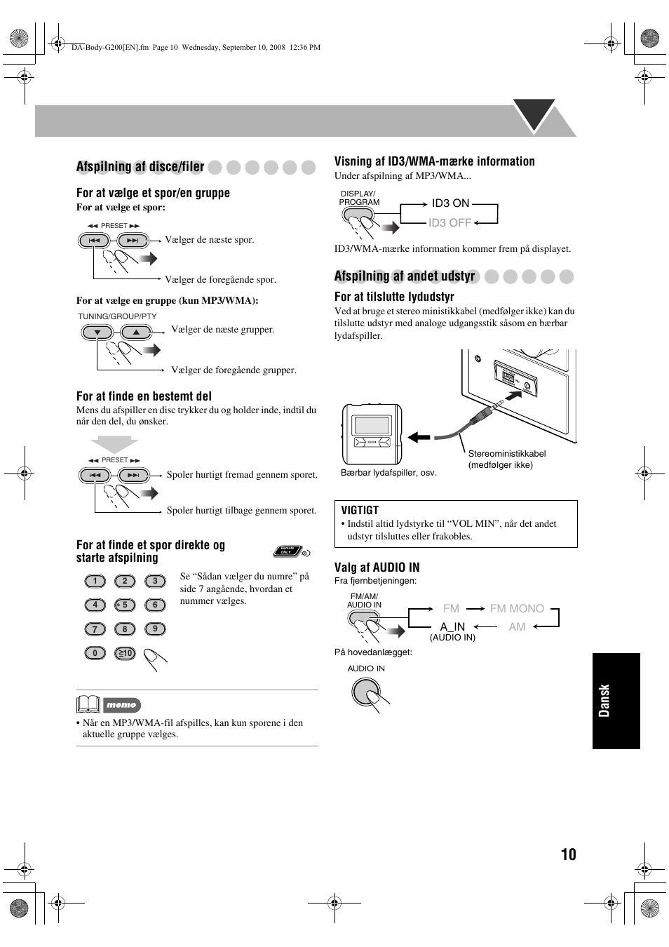 Dansk afspilning af disce/filer, Afspilning af andet udstyr | JVC UX-G200 User Manual | Page 139 / 155