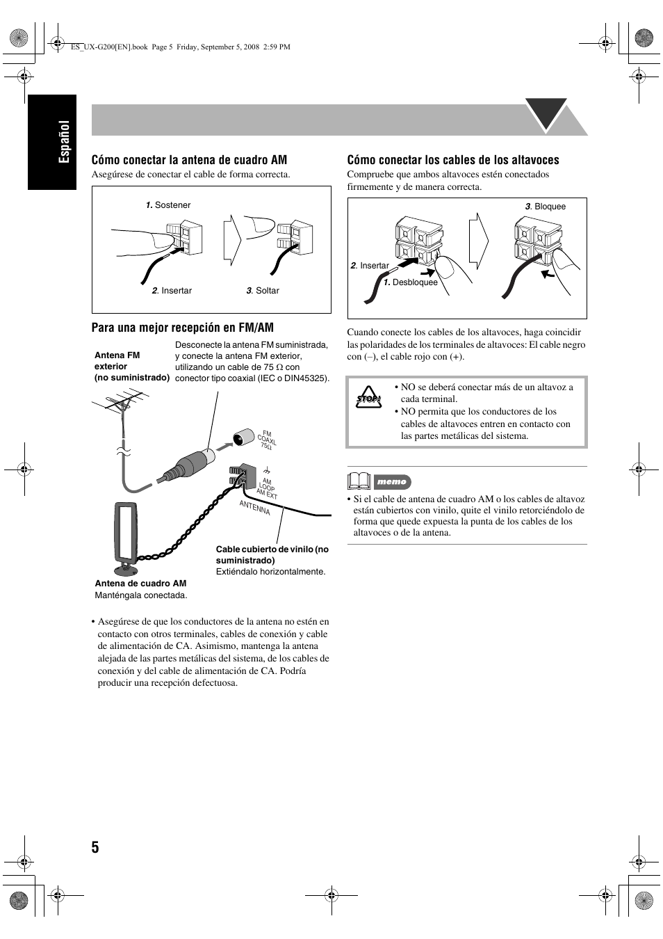 Español, Cómo conectar la antena de cuadro am, Para una mejor recepción en fm/am | Cómo conectar los cables de los altavoces | JVC UX-G200 User Manual | Page 14 / 155
