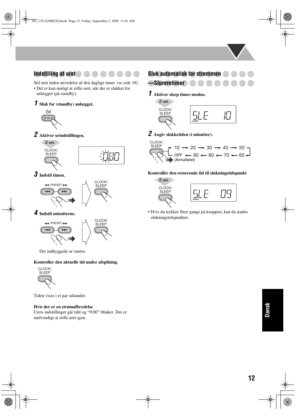 Dansk indstilling af uret, Sluk automatisk for strømmen —slumretimer | JVC UX-G200 User Manual | Page 141 / 155