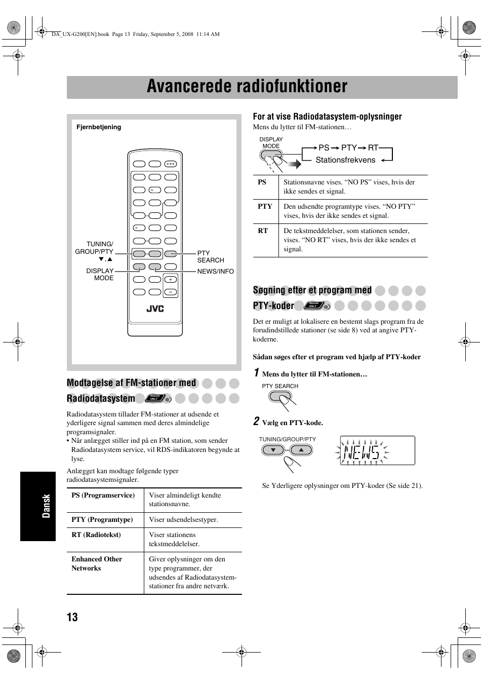 Avancerede radiofunktioner, Dansk, Modtagelse af fm-stationer med radiodatasystem | Søgning efter et program med pty-koder | JVC UX-G200 User Manual | Page 142 / 155