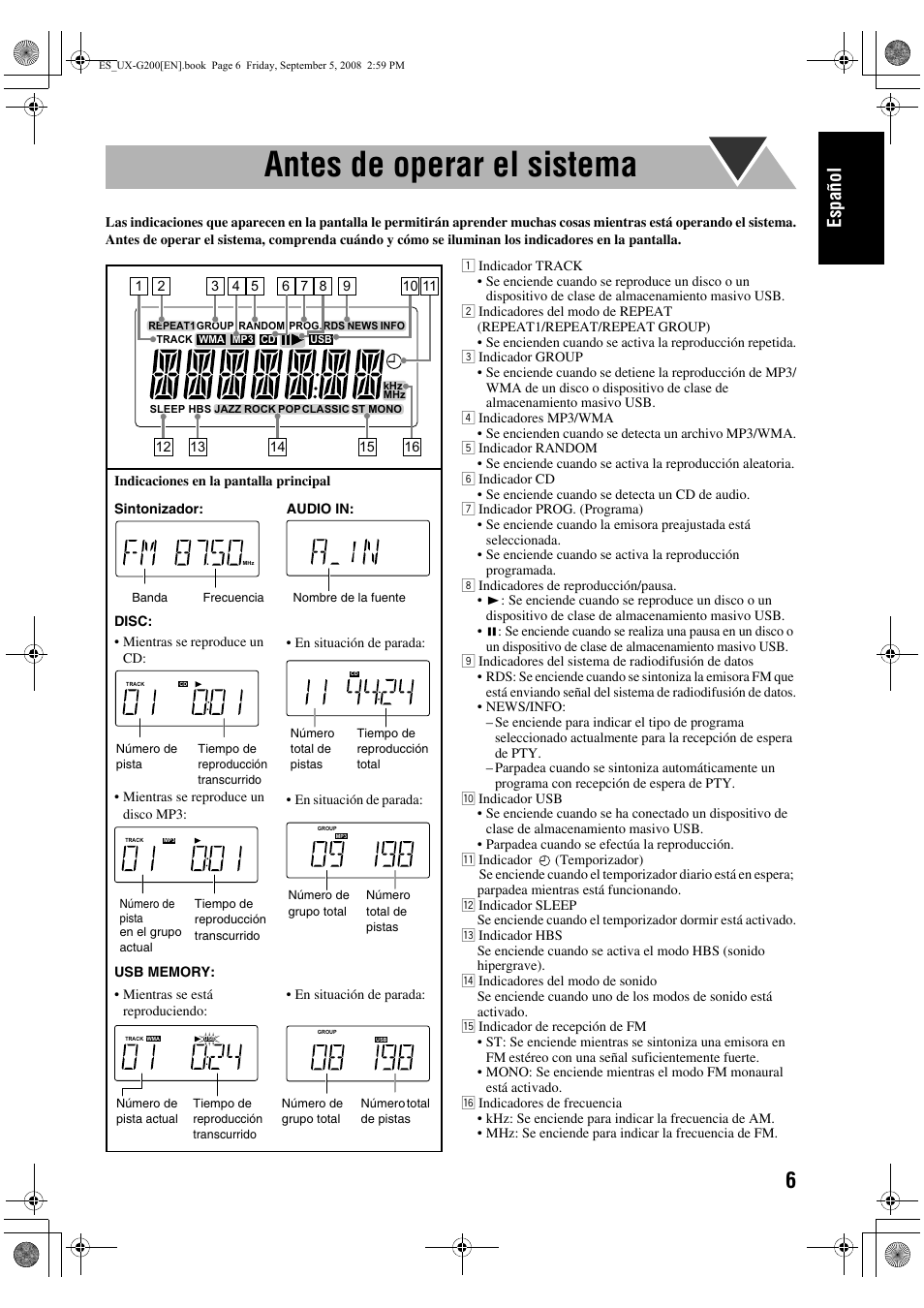 Antes de operar el sistema, Español | JVC UX-G200 User Manual | Page 15 / 155