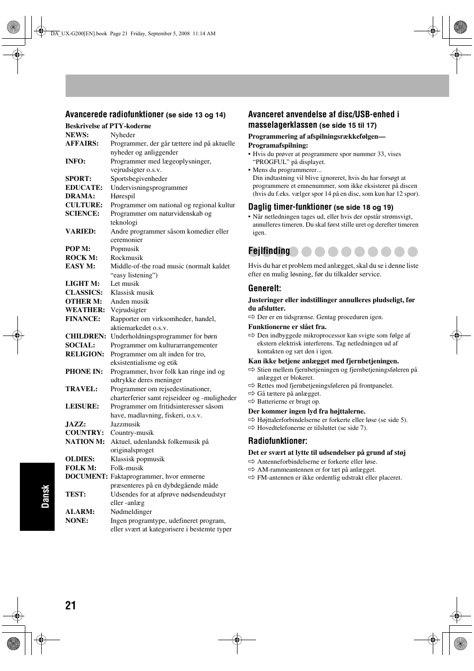 Dansk, Fejlfinding | JVC UX-G200 User Manual | Page 150 / 155